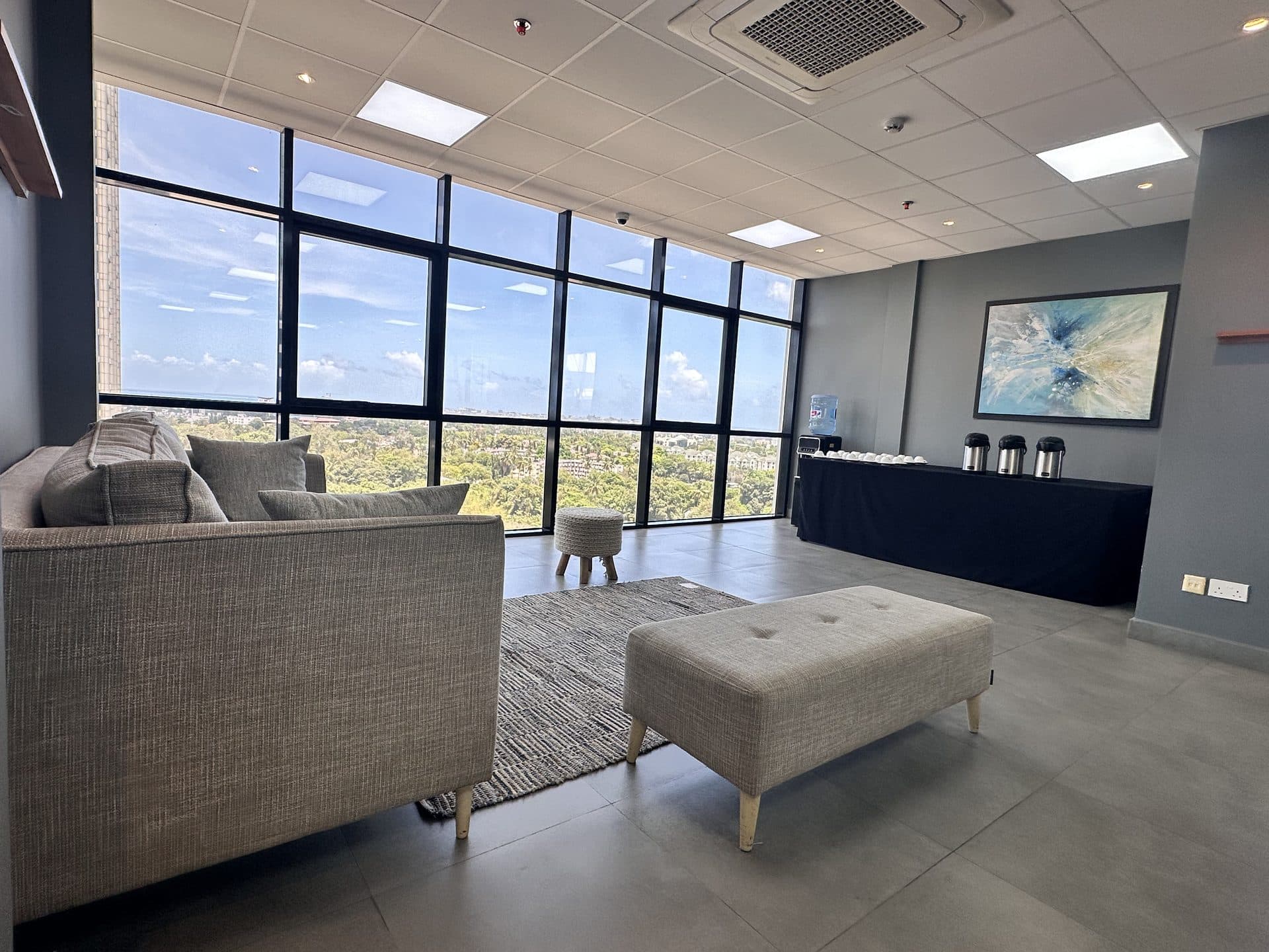 The lounge with panoramic windows in the ZO building